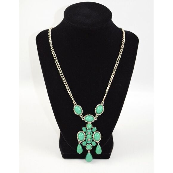 Jewelry - Silver Tone Necklace with Green Cabochon w/ Dangles & 2‎ Clear Rhinestones 31"